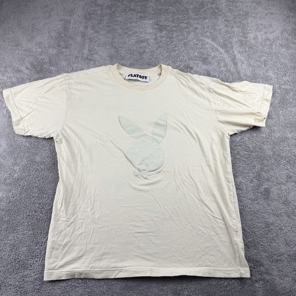 Playboy by Pacsun Short Sleeve Shirt Men's Medium Ivory Cream Bunny Logo Graphic